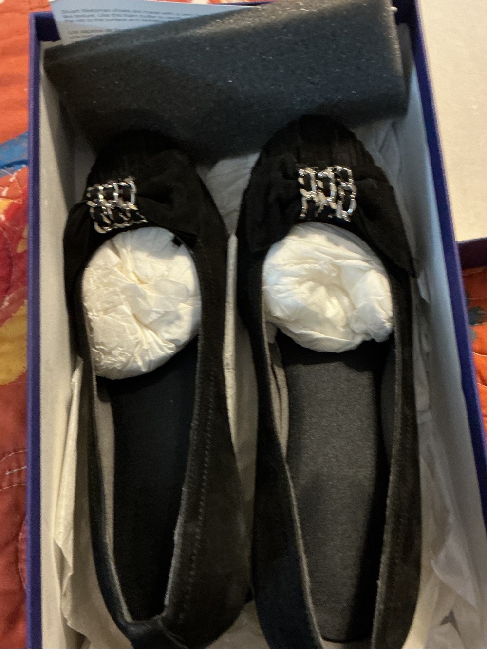 Stuart Weitzman Black Suede Flats with Silver Chain Detail